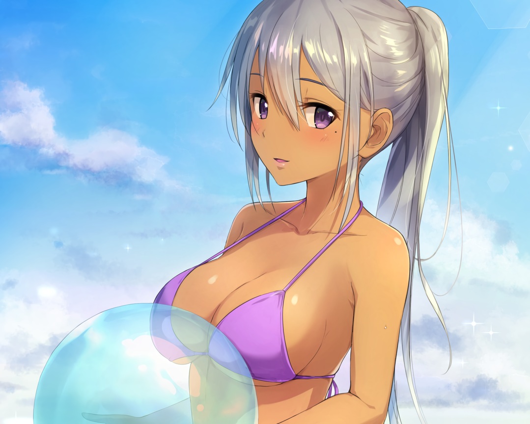 ball, bikini, breasts, cleavage, clouds, cropped, dark_skin, gray_hair