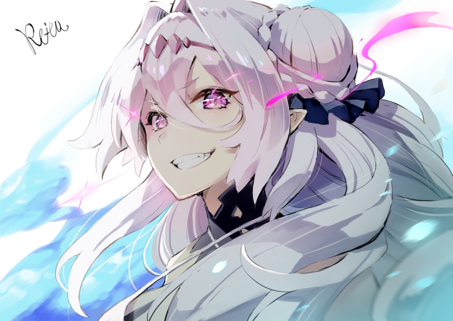 azur_lane, close, fang, headband, hoshizaki_reita, long_hair, pink_eyes, pointed_ears, signed, siren_(azur_lane), siren_empress_(azur_lane), white_hair