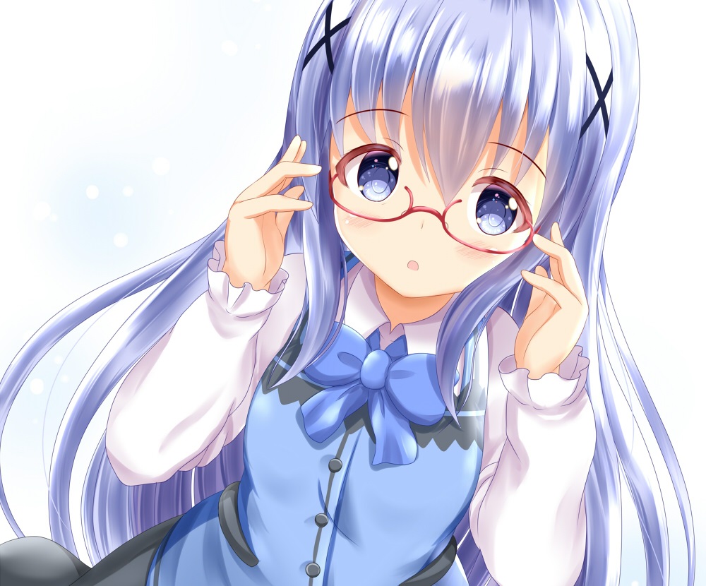 blue_eyes, blue_hair, blush, bow, close, cropped, glasses, gochuumon_wa_usagi_desu_ka?, kafuu_chino, loli, long_hair, skirt, uniform, white, zenon_(for_achieve)