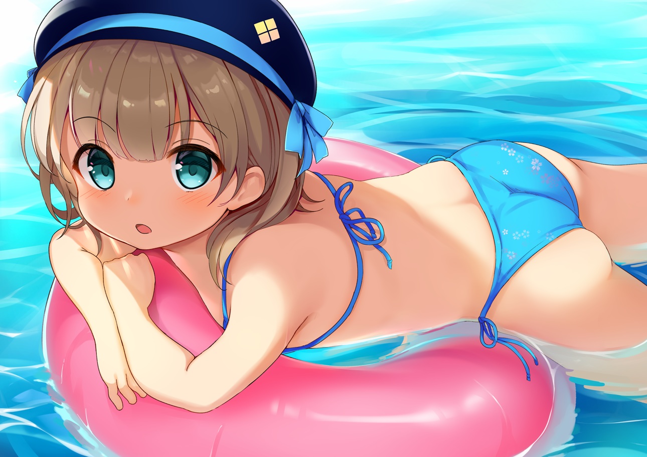 ass, bikini, blush, brown_hair, green_eyes, hat, leaf1031, loli