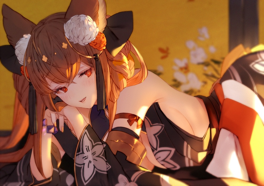 animal_ears, anthuria_(granblue_fantasy), blush, breasts, cleavage, flowers, granblue_fantasy, japanese_clothes, long_hair, nido_celisius, red_eyes, red_hair, sideboob, wristwear