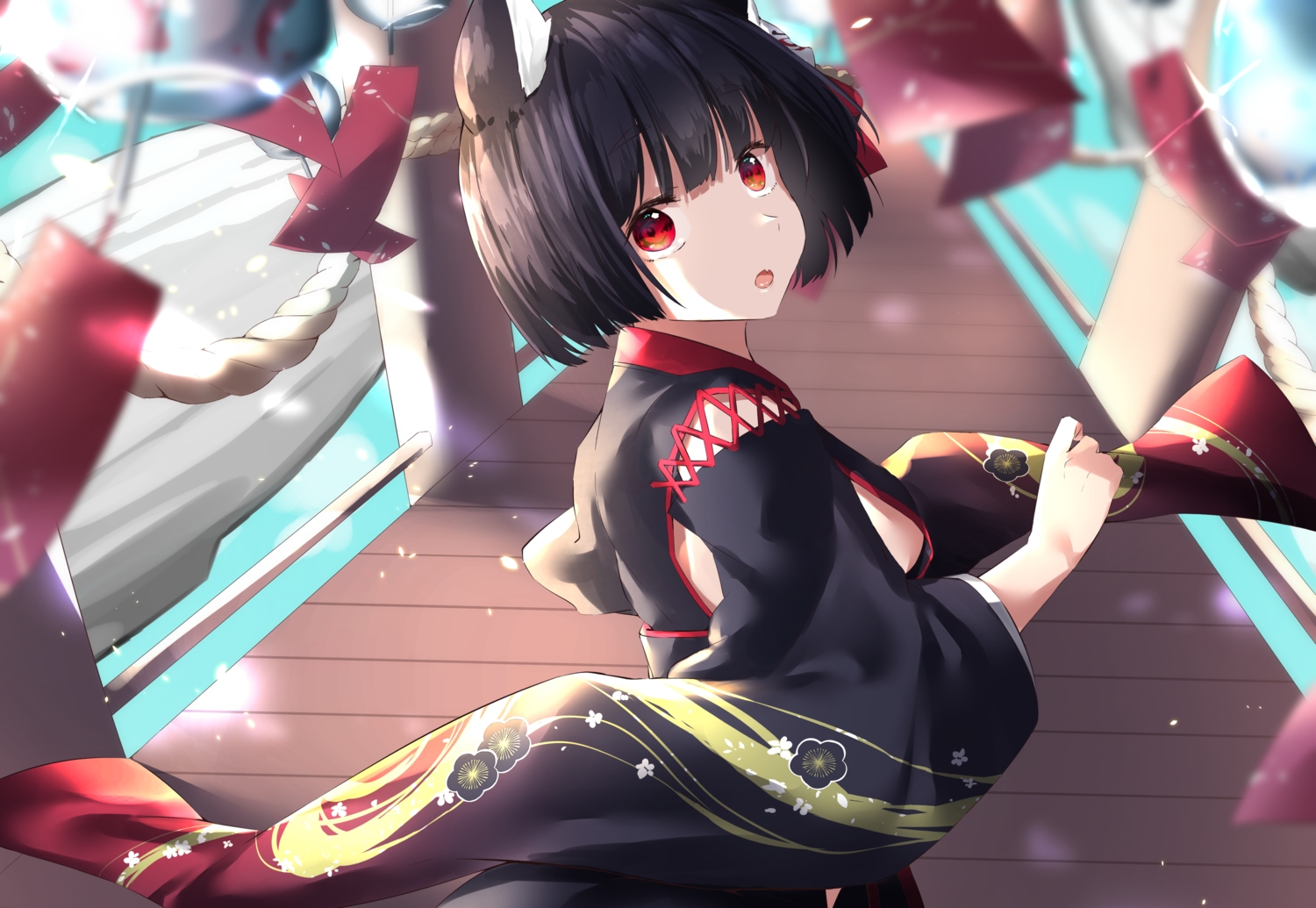 animal_ears, anthropomorphism, azur_lane, black_hair, catgirl, cotton_kanzaki, japanese_clothes, kimono