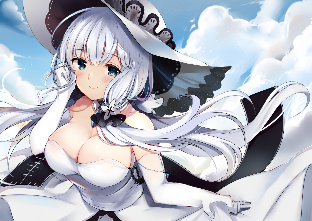 aliasing, anthropomorphism, azur_lane, blue_eyes, blush, breasts, cleavage, clouds, dress, elbow_gloves, gloves, hat, illustrious_(azur_lane), long_hair, ry_thae, skirt_lift, sky, white_hair