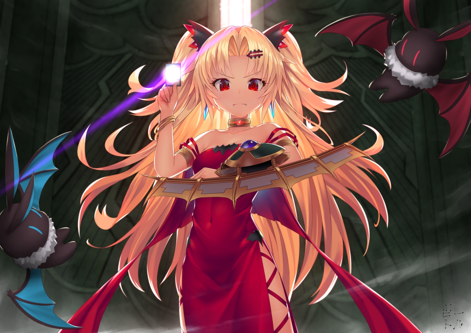 akatsuki_yuni, animal, bat, bettle_(b_s_a_n), blonde_hair, collar, cosplay, dress