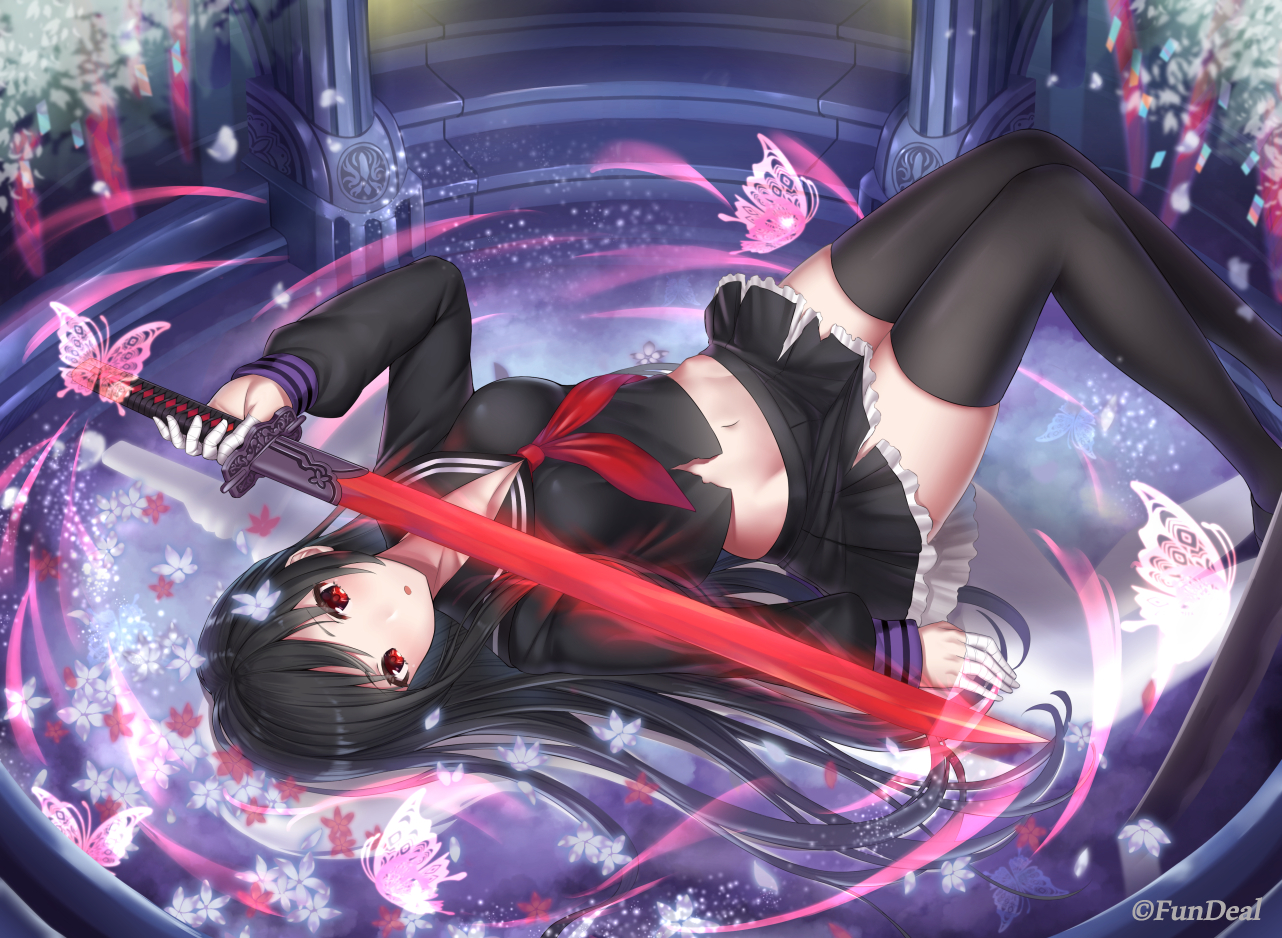 bandage, black_hair, butterfly, katana, long_hair, mizya, navel, nova_(tcg), red_eyes, school_uniform, skirt, sword, thighhighs, watermark, weapon