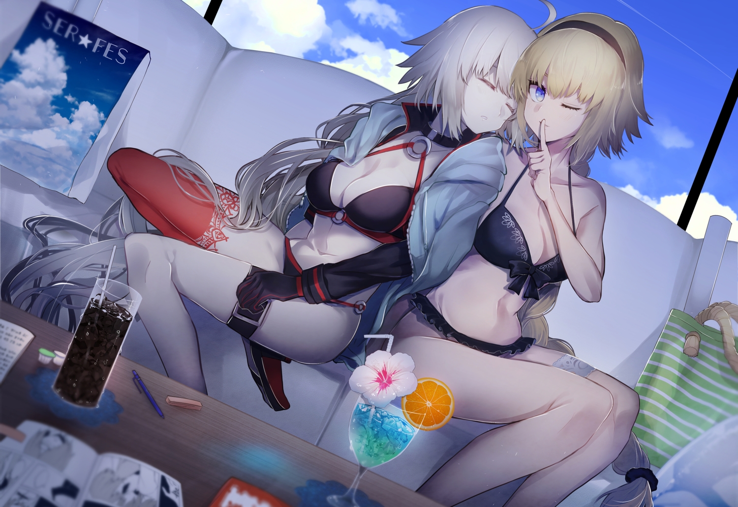 bikini, blonde_hair, blue_eyes, book, braids, breasts, cleavage, clouds, couch, drink, fate/grand_order, fate_(series), food, fruit, garter, gloves, gray_hair, jeanne_d'arc_alter, jeanne_d'arc_(fate), long_hair, orange_(fruit), ponytail, sky, sleeping, swimsuit, tare_orz, wink