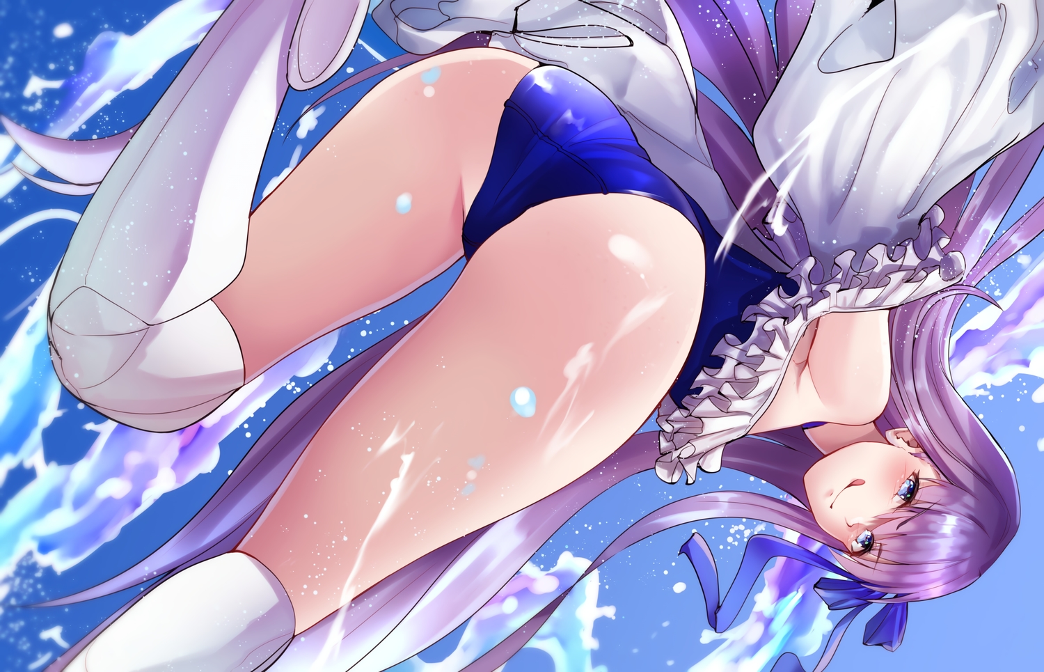 aqua_eyes, armor, ass, blush, fate/grand_order, fate_(series), gradient, long_hair, meltryllis, purple_hair, shumiao, swimsuit, thighhighs, water