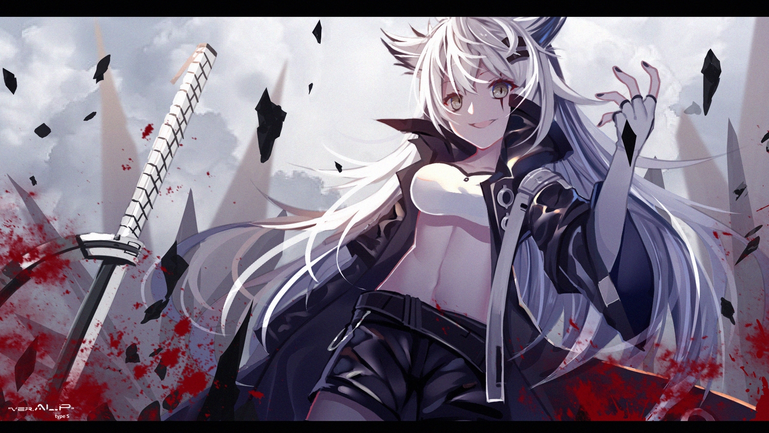 aluppia, animal_ears, arknights, blood, brown_eyes, elbow_gloves, gloves, katana, lappland_(arknights), long_hair, navel, scar, shorts, sword, weapon, white_hair, wolfgirl