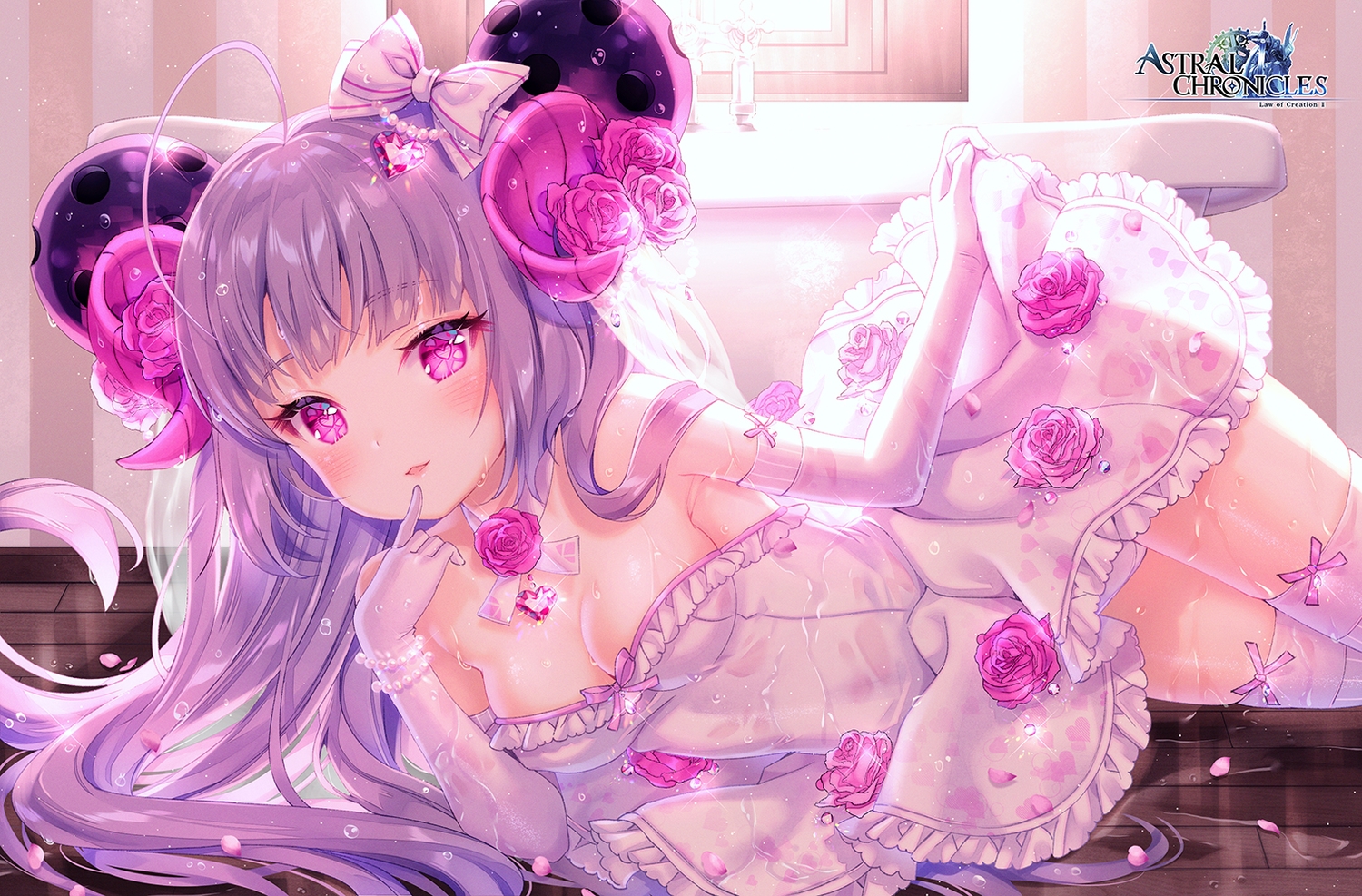 astral_chronicles, bath, bathtub, blush, bow, breasts, cat_smile, cleavage, dress, elbow_gloves, flowers, gloves, horns, kalypso_(astral_chronicles), logo, long_hair, nami_(nyaa), pink_eyes, purple_hair, rose, thighhighs, wet, zettai_ryouiki