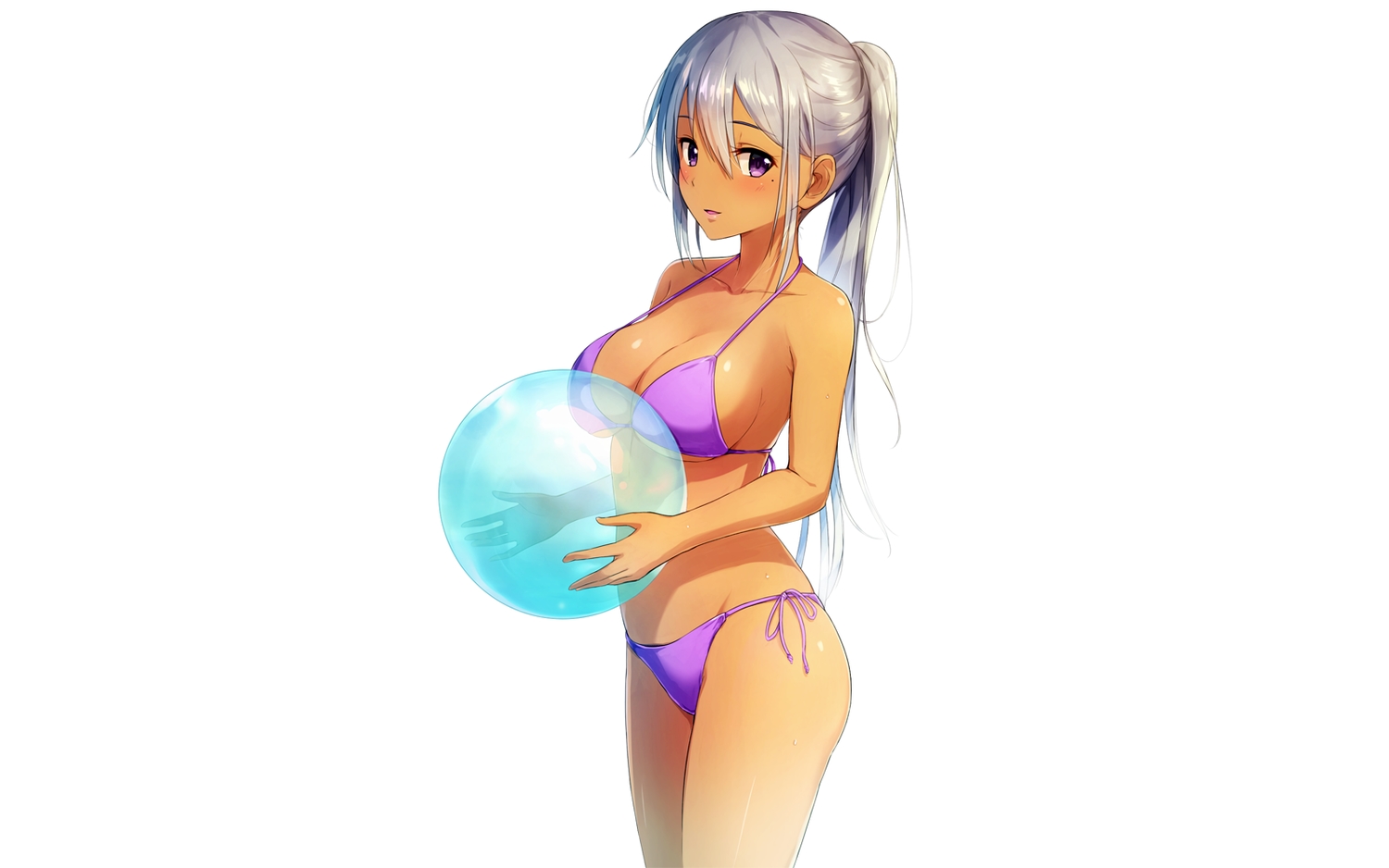 ball, bikini, breasts, cleavage, dark_skin, gray_hair, long_hair, original