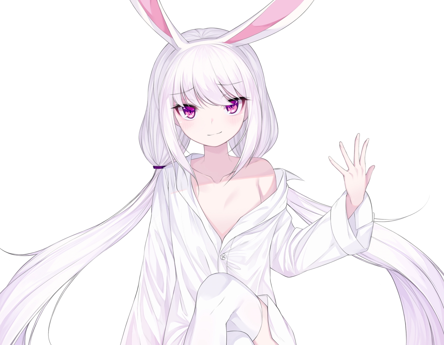 animal_ears, avant_garde_(artist), blush, bunny_ears, bunnygirl, cropped, flat_chest, headband, long_hair, no_bra, open_shirt, original, purple_eyes, thighhighs, twintails, white, white_hair