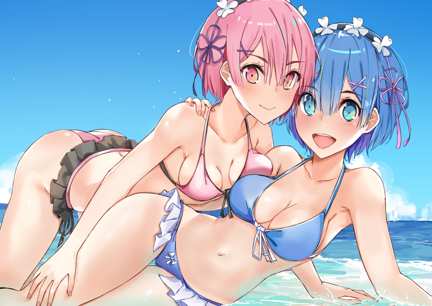 2girls, aliasing, aqua_eyes, ass, bikini, blue_hair, blush, breasts