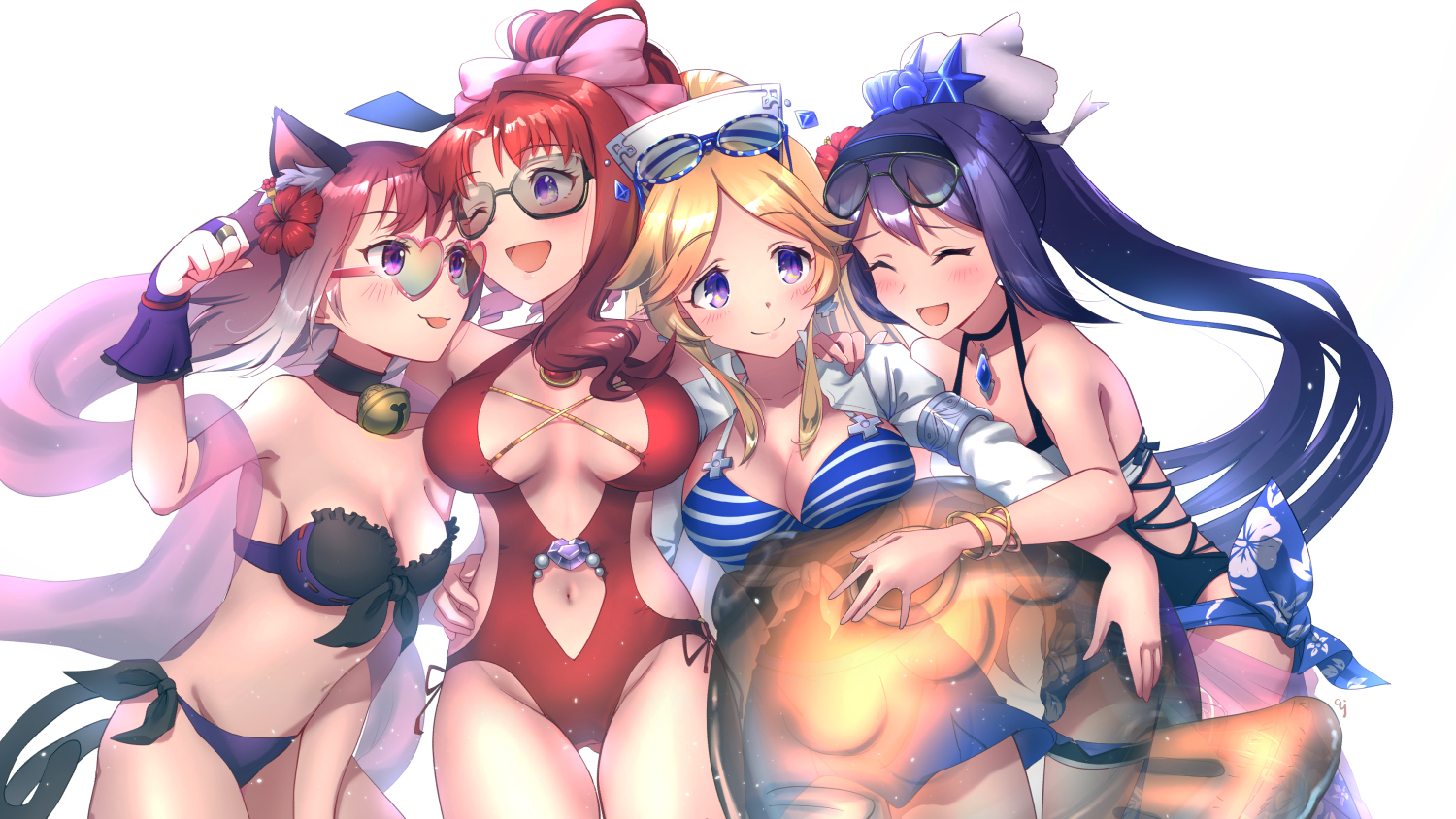 animal_ears, ayase_yukari, ball, bell, bikini, blonde_hair, blush, catgirl, collar, garter, gloves, group, hug, long_hair, miyasaka_tamaki, navel, ogami_mifuyu, open_shirt, ponytail, princess_connect!, purple_eyes, purple_hair, red_hair, shirt, short_hair, signed, sunglasses, swimsuit, sylvaniaf, tail, toudou_akino, white, wink, wristwear