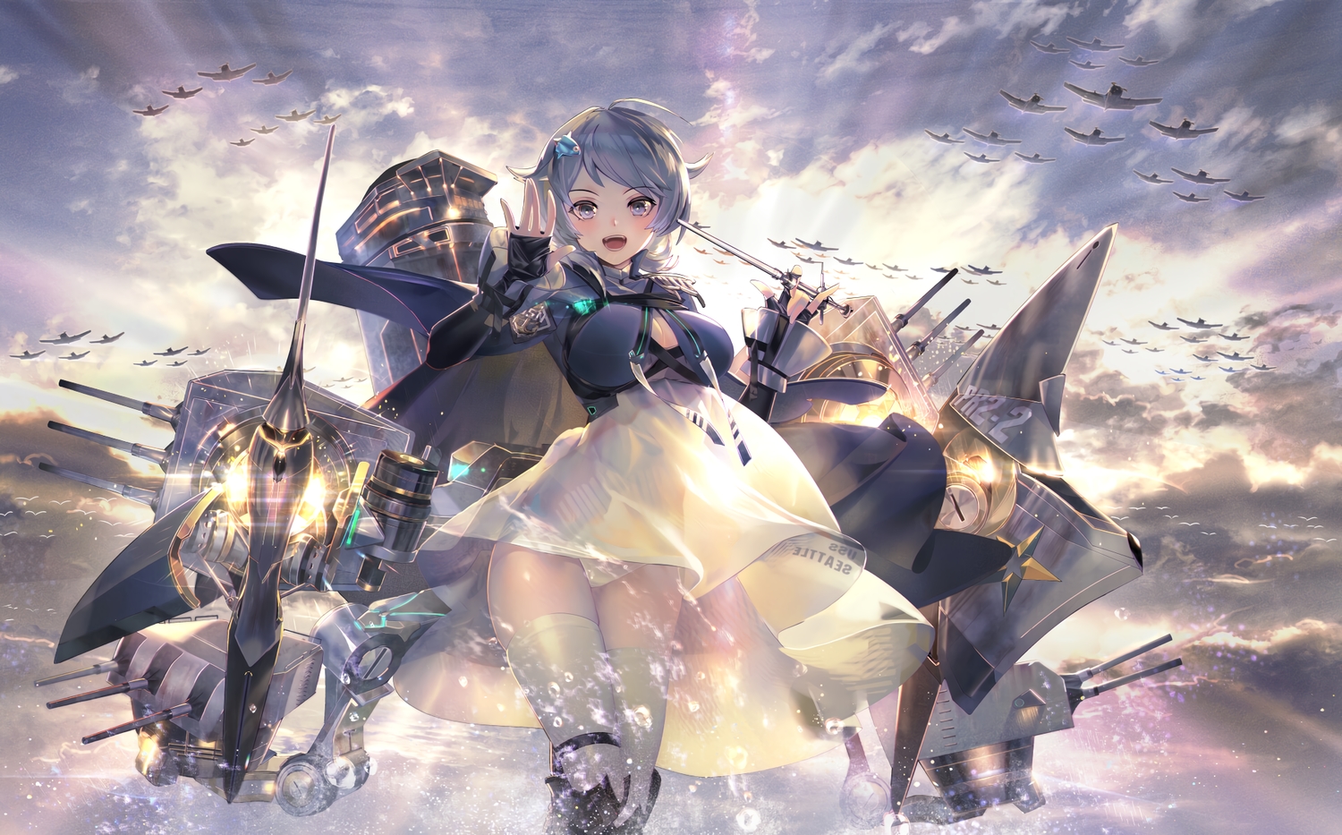 aircraft, aliasing, anthropomorphism, azur_lane, breasts, cape, cleavage, clouds
