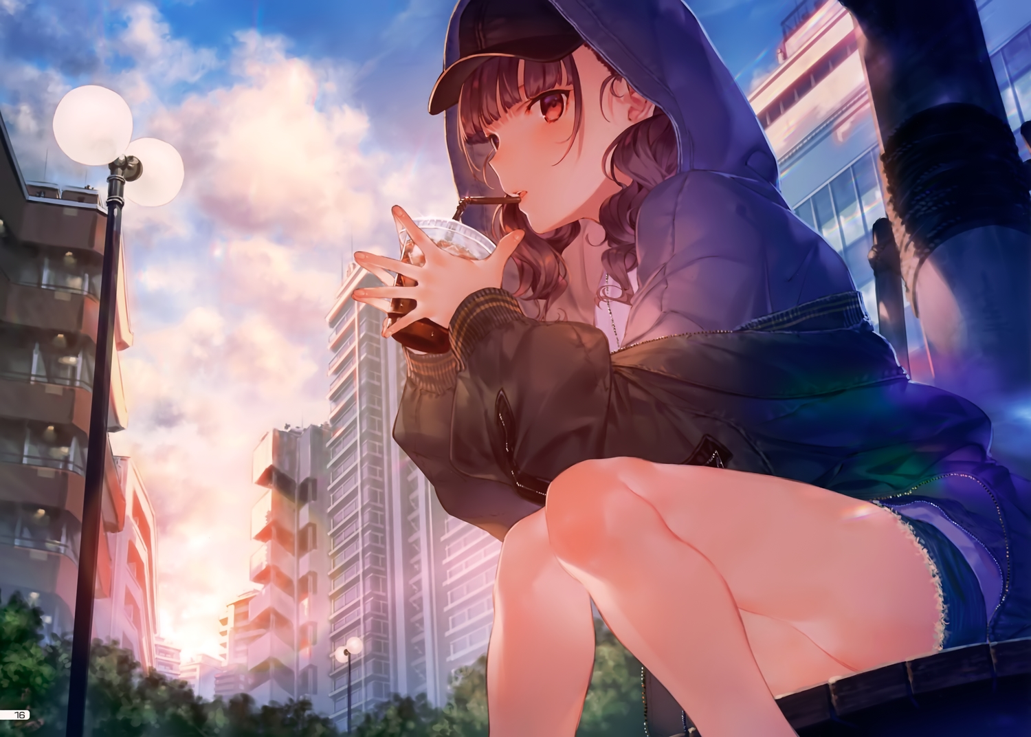 blush, brown_hair, building, city, clouds, drink, hat, hood, hotosoka, original, red_eyes, scan, shorts, sky, sunset