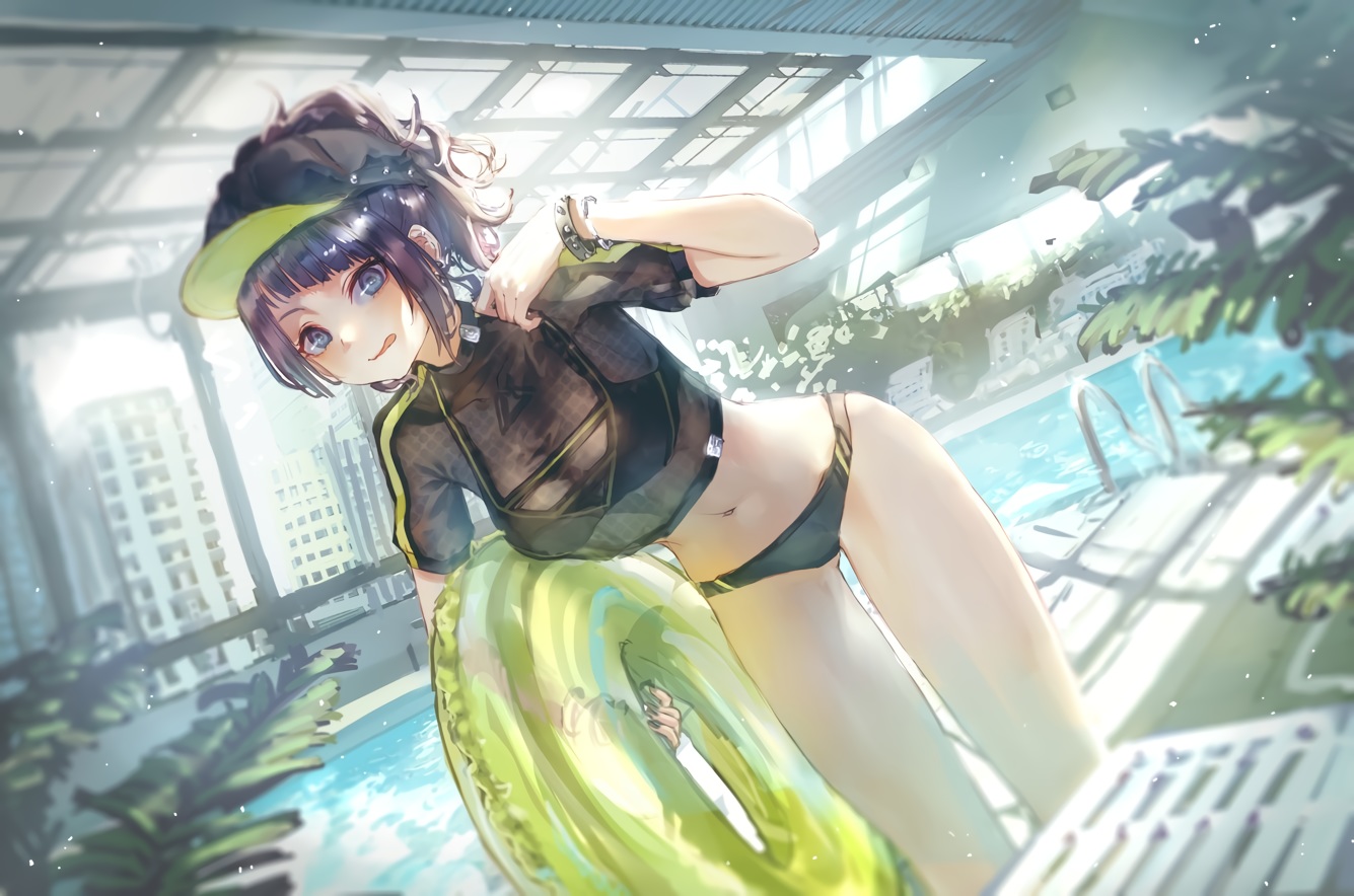 bikini, blue_eyes, breasts, cleavage, collar, hat, idolmaster, idolmaster_shiny_colors, navel, ponytail, pool, purple_hair, roki_(0214278), see_through, swim_ring, swimsuit, tanaka_mamimi, water, wristwear