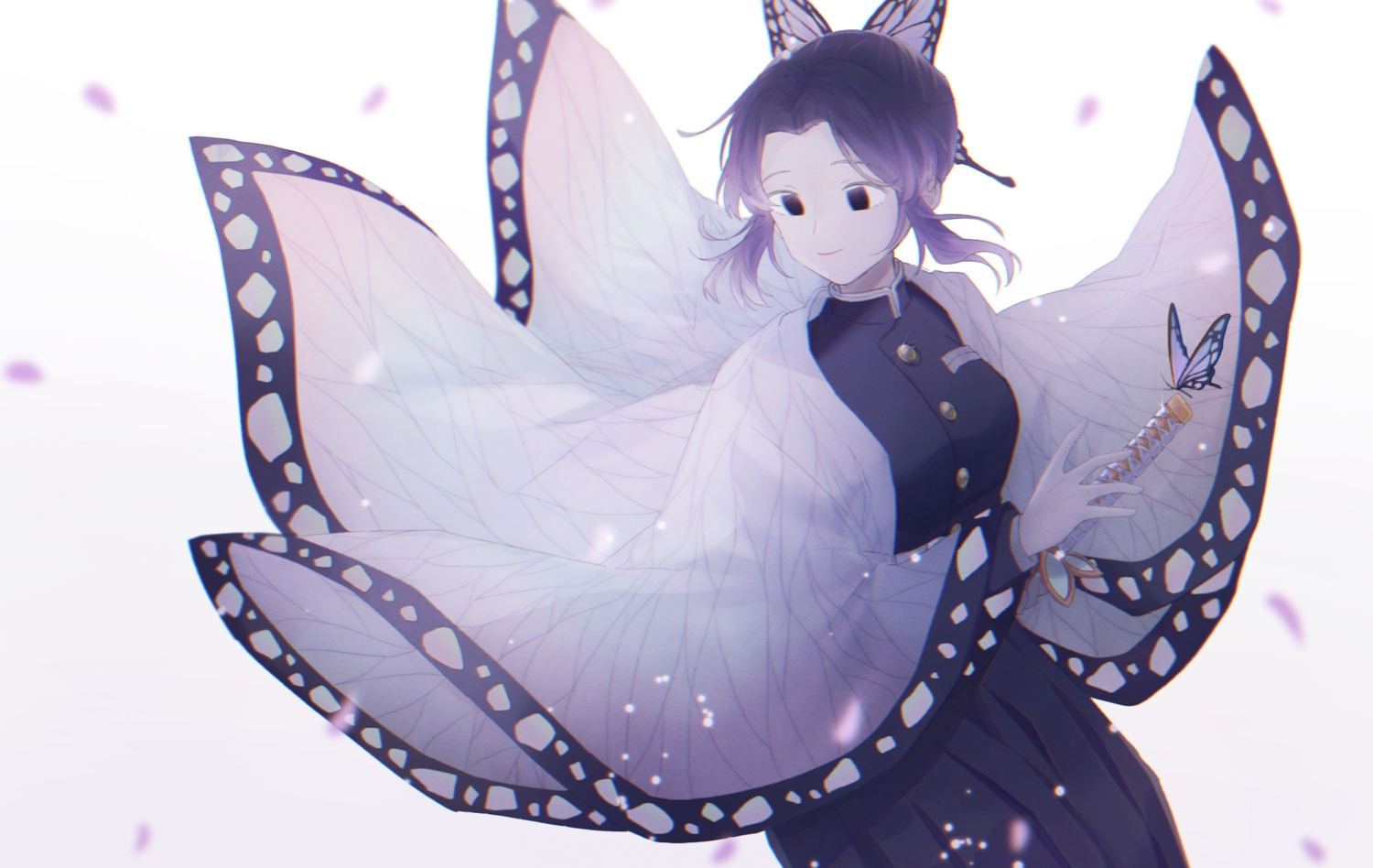 black_eyes, black_hair, butterfly, japanese_clothes, katana, kimetsu_no_yaiba, kochou_shinobu, meizi_(sakura_umeko28)