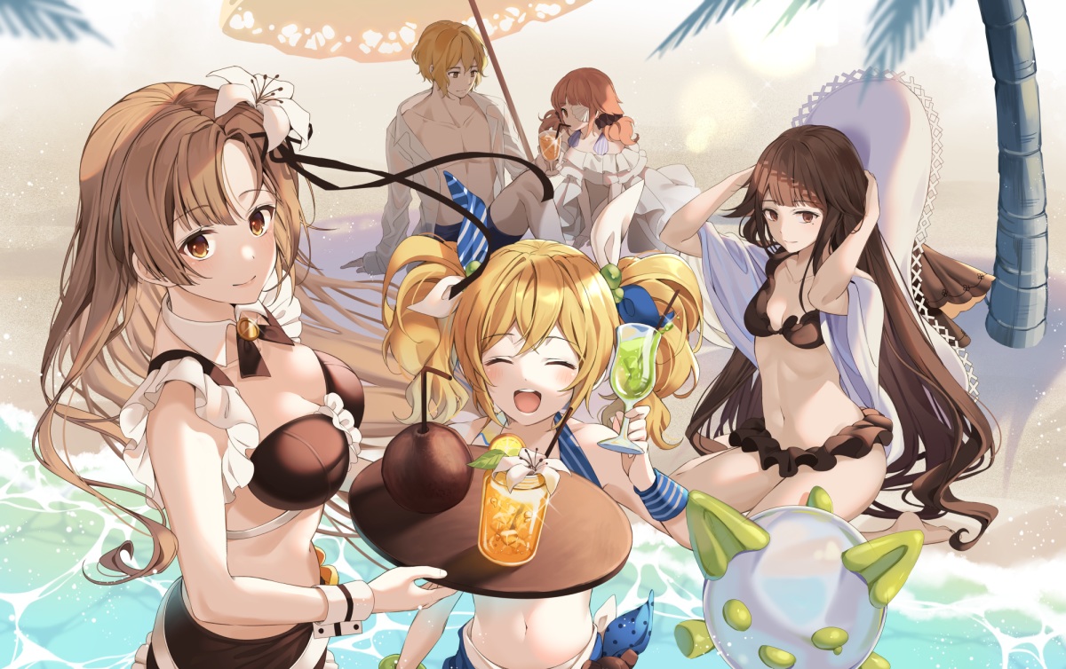 beach, bikini, blonde_hair, blush, brown_eyes, brown_hair, dress, drink