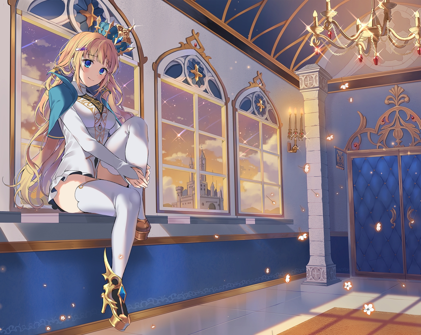 aliasing, aqua_eyes, blonde_hair, blush, clouds, crown, long_hair, original