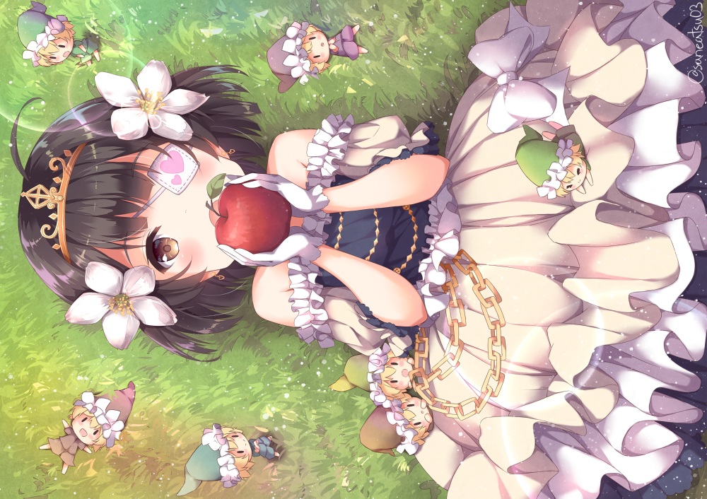 apple, black_hair, blush, bow, brown_eyes, chain, chibi, dress
