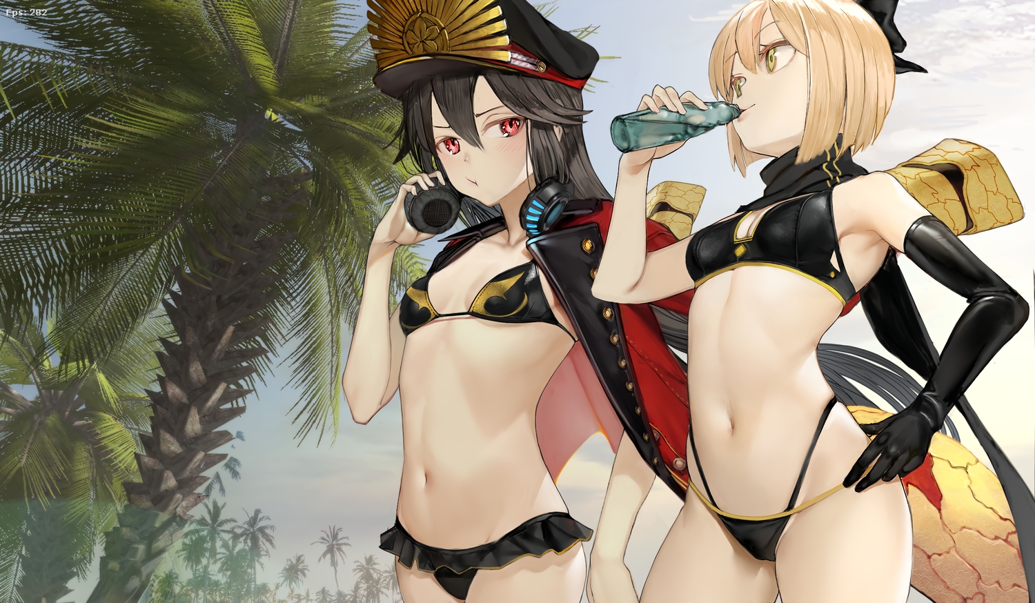2girls, bikini, black_hair, blonde_hair, cameltoe, clouds, drink, elbow_gloves, fate/grand_order, fate_(series), gloves, green_eyes, headphones, long_hair, navel, nobunaga_oda_(fate), nyatabe, okita_souji_(fate), red_eyes, short_hair, sky, swimsuit, tree