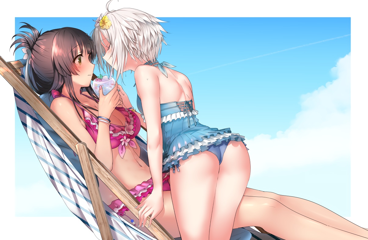 2girls, 80mph, aliasing, ass, bikini, blush, breasts, brown_hair, cleavage, drink, flowers, green_eyes, itomi_sayaka, navel, short_hair, shoujo_ai, swimsuit, toji_no_miko, white_hair, yanase_mai_(toji_no_miko)