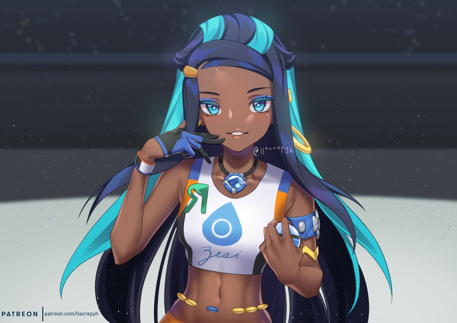 aqua_eyes, blue_hair, dark_skin, gloves, llecrepyh, long_hair, navel, necklace, pokemon, rurina_(pokemon), signed, watermark