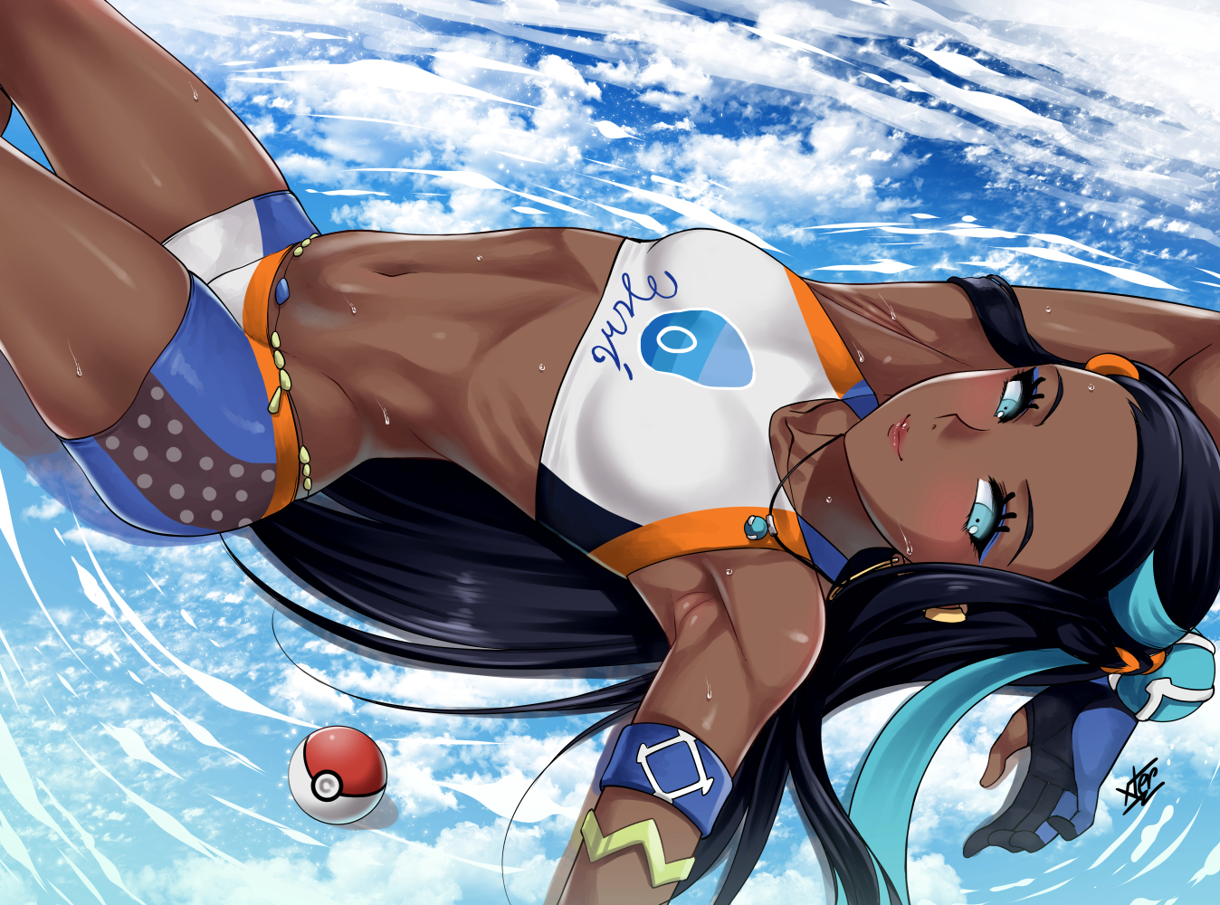 aqua_eyes, ball, black_hair, blush, dark_skin, long_hair, navel, pokemon, rurina_(pokemon), signed, water, xtermination