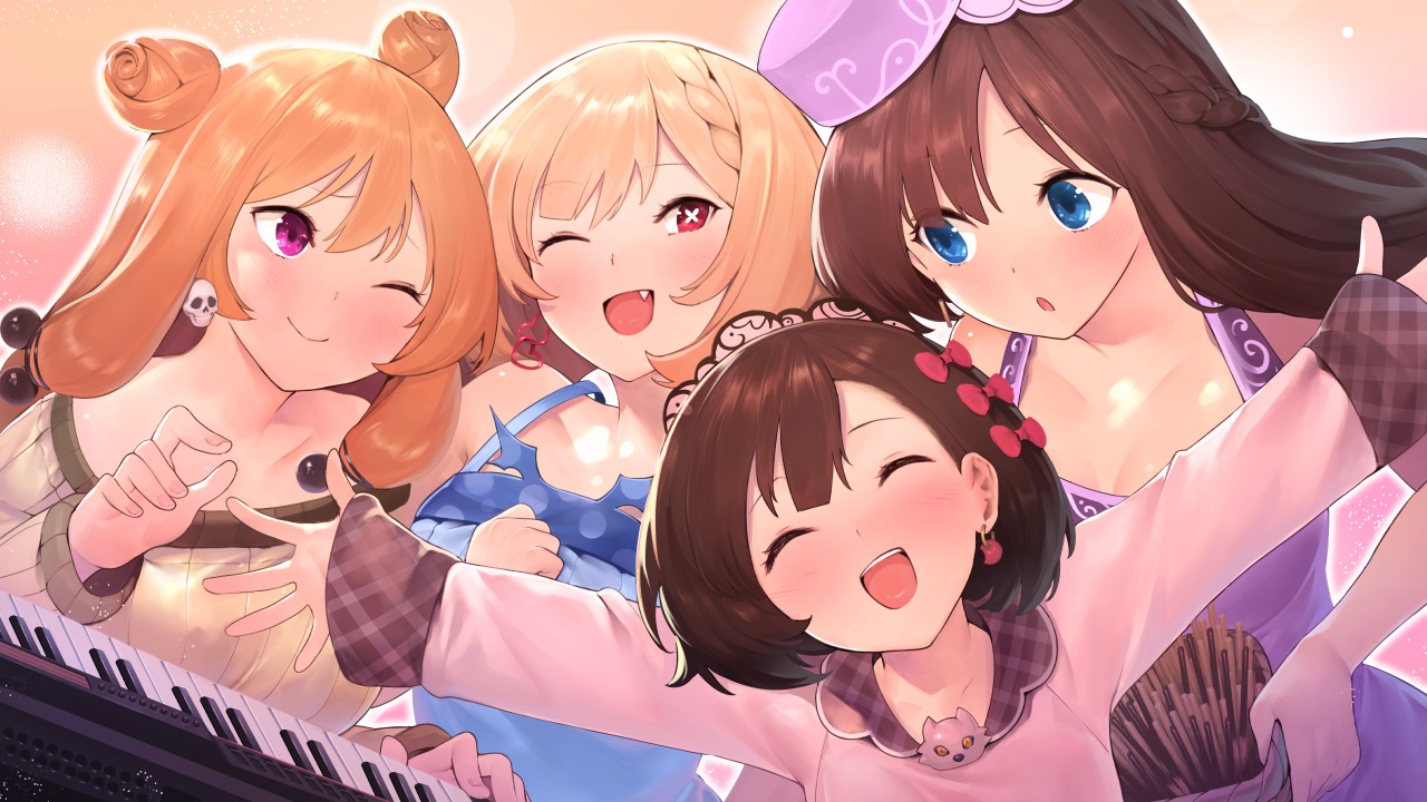 blonde_hair, blue_eyes, brown_hair, food, haruno_nano, iriam, itsutsuse, long_hair, orange_hair, pocky, purple_eyes, red_eyes, short_hair, tagme_(character)