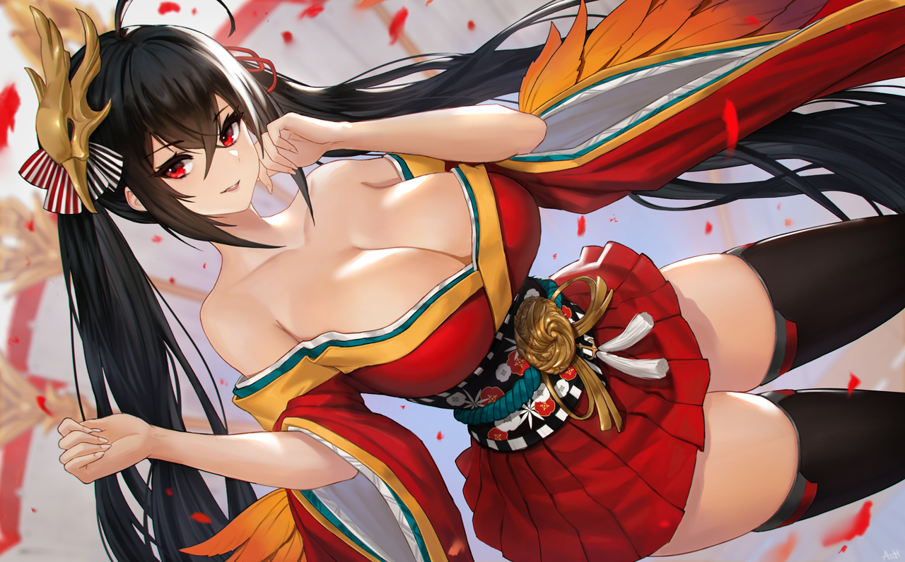 anthropomorphism, artnothearts, azur_lane, black_hair, breasts, cleavage, feathers, japanese_clothes