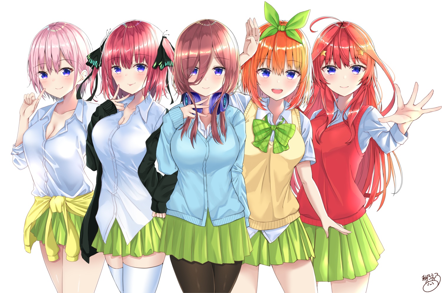 bow, breasts, cleavage, go-toubun_no_hanayome, group, headband, headphones, long_hair, nakano_ichika, nakano_itsuki, nakano_miku, nakano_nino, nakano_yotsuba, noeru_(gt17854), orange_hair, pantyhose, pink_hair, purple_eyes, red_hair, school_uniform, short_hair, signed, skirt, thighhighs, white, zettai_ryouiki