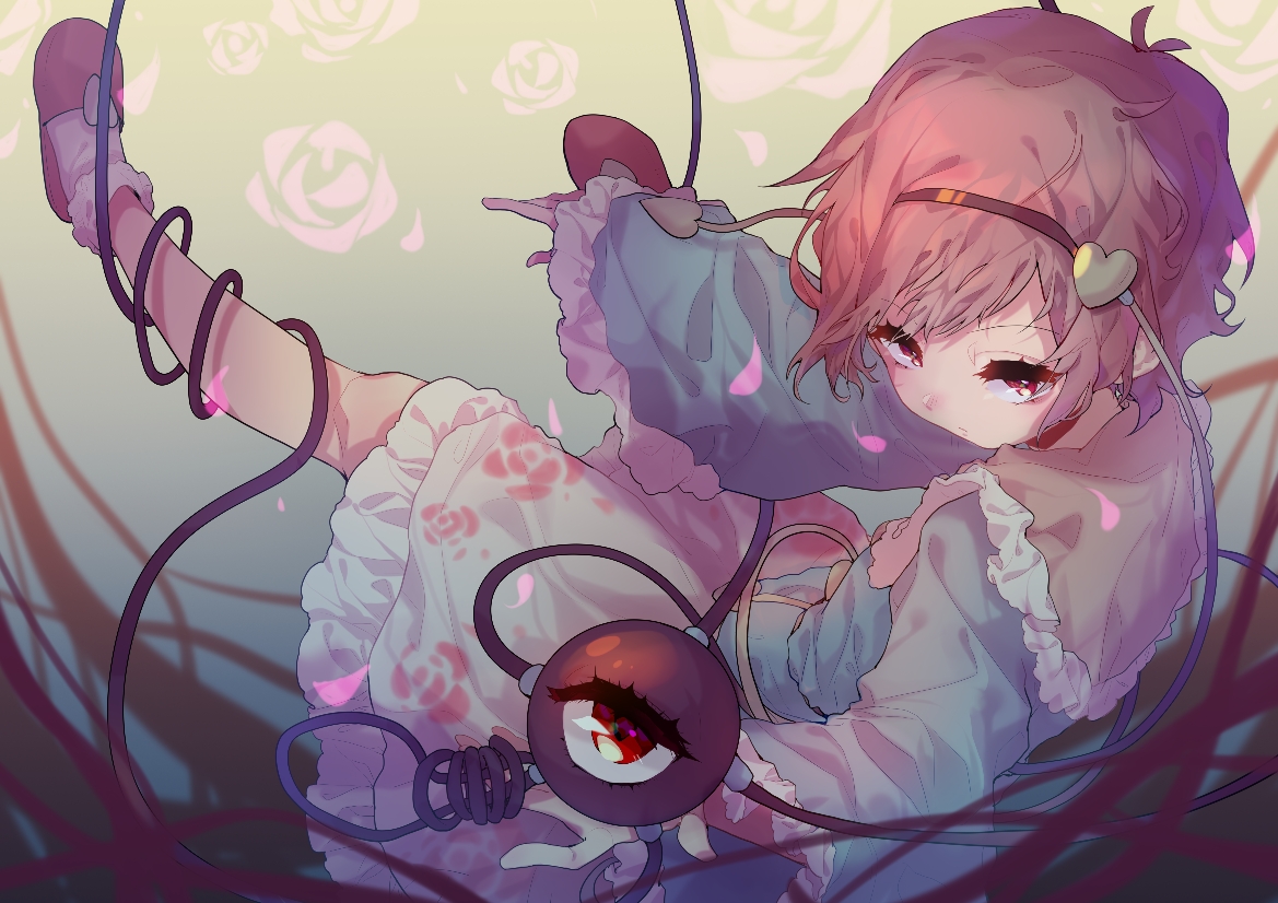 aliasing, guozimiao, komeiji_satori, petals, pink_eyes, pink_hair, short_hair, skirt, socks, touhou