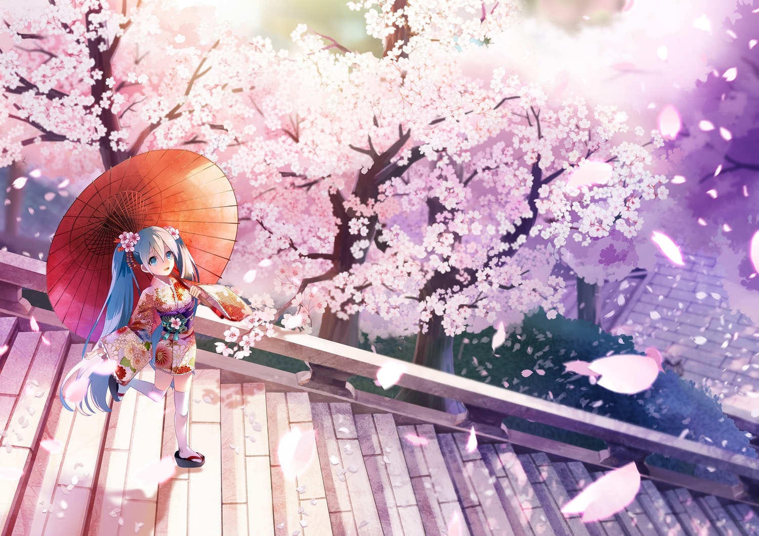 aliasing, aqua_eyes, aqua_hair, cherry_blossoms, flowers, hatsune_miku, japanese_clothes, jpeg_artifacts, long_hair, petals, q-chiang, stairs, thighhighs, tree, twintails, umbrella, vocaloid, yukata, zettai_ryouiki