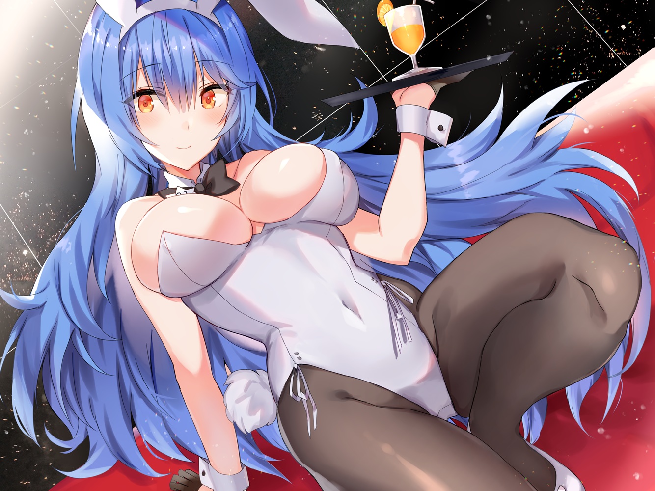 animal_ears, anthropomorphism, blue_hair, bodysuit, bow, breasts, bunny_ears, bunnygirl