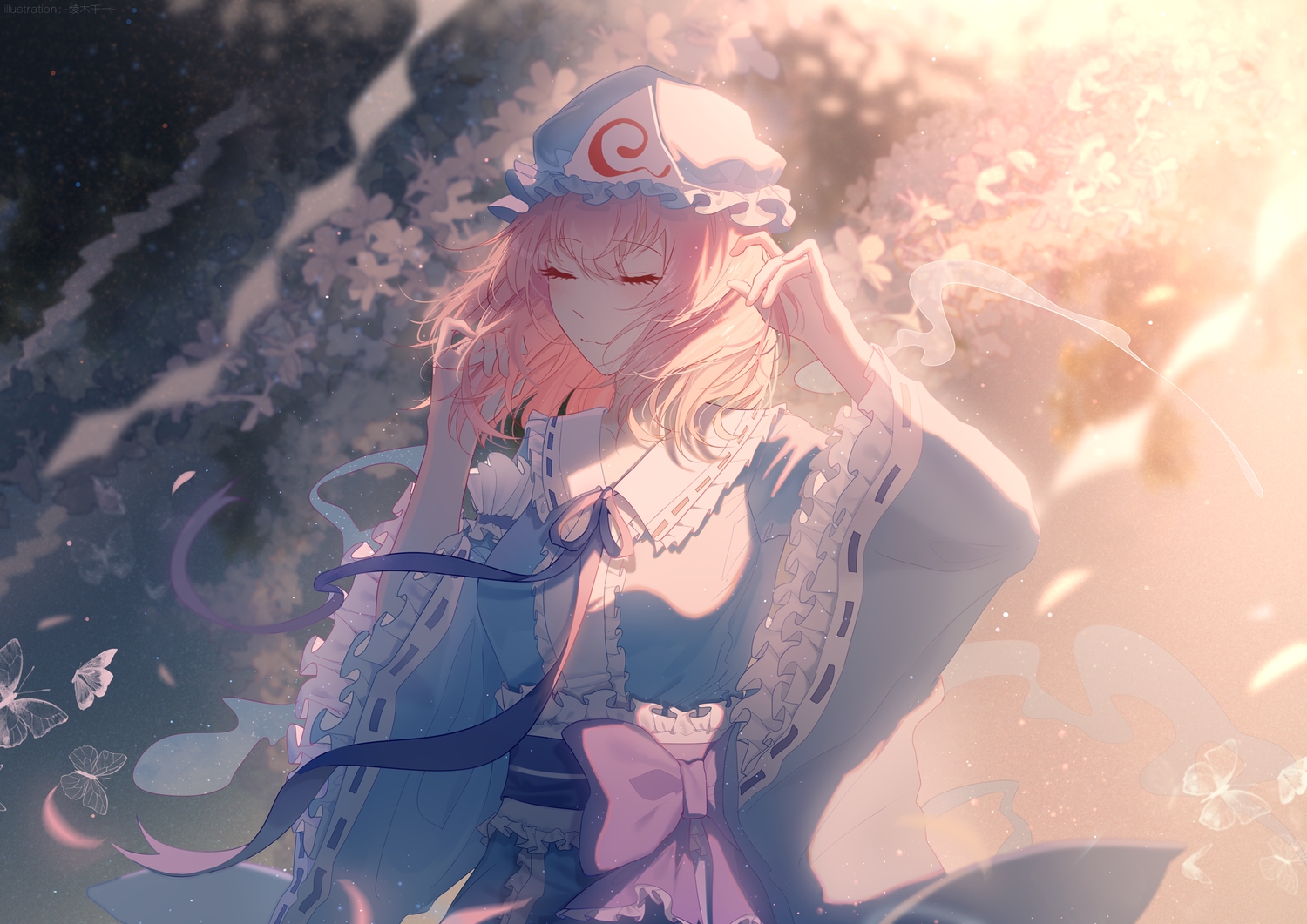 bow, butterfly, hat, japanese_clothes, kimono, lingmuqianyi, lolita_fashion, petals, pink_hair, ribbons, saigyouji_yuyuko, short_hair, touhou, watermark