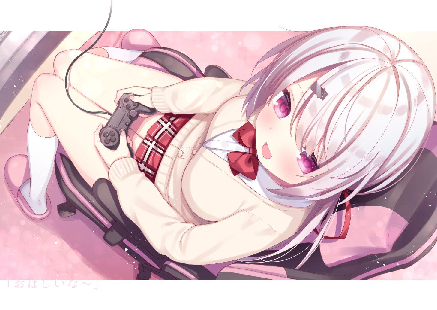bow, game_console, gray_hair, hisagi_(puchimaple), kneehighs, nijisanji, purple_eyes, school_uniform