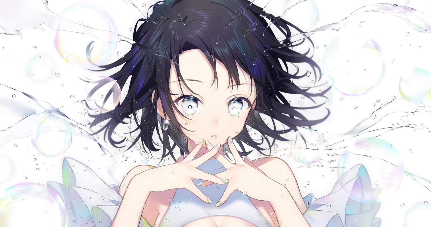 black_hair, bubbles, close, original, short_hair, sogawa66, water