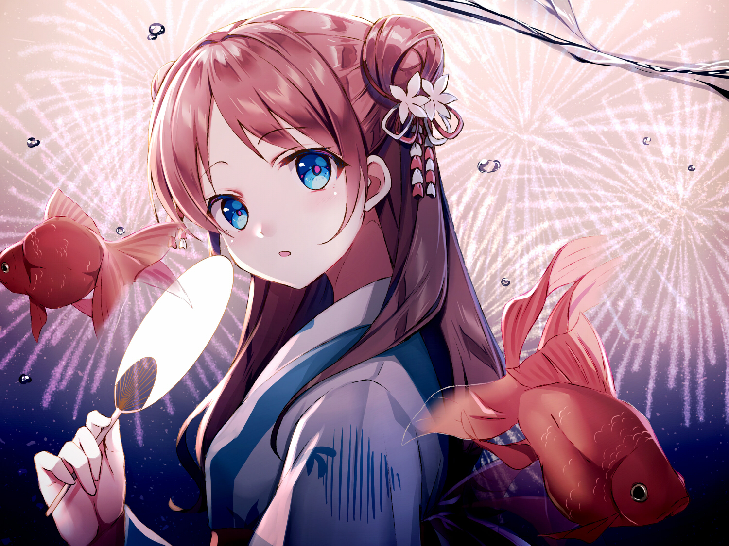 animal, aqua_eyes, brown_hair, close, fan, fireworks, fish, fumio_(kanmi)