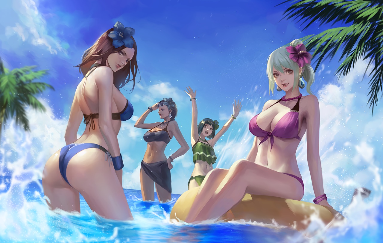 ass, bikini, breasts, cleavage, clouds, group, monster_hunter, monster_hunter:_world, phamoz, sky, swim_ring, swimsuit, water, wristwear