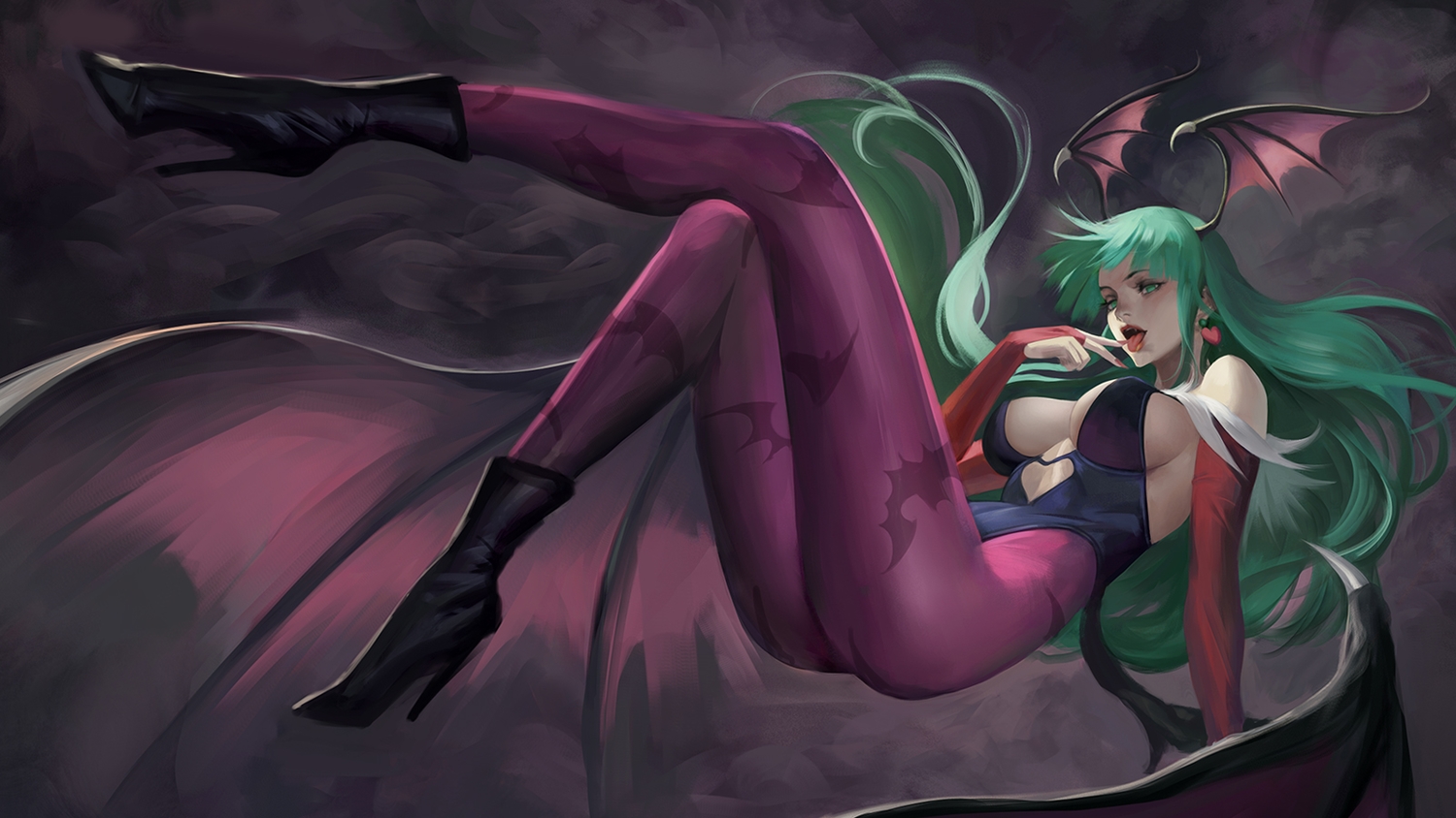 blush, boots, breasts, cleavage, darkstalkers, demon, green_eyes, green_hair