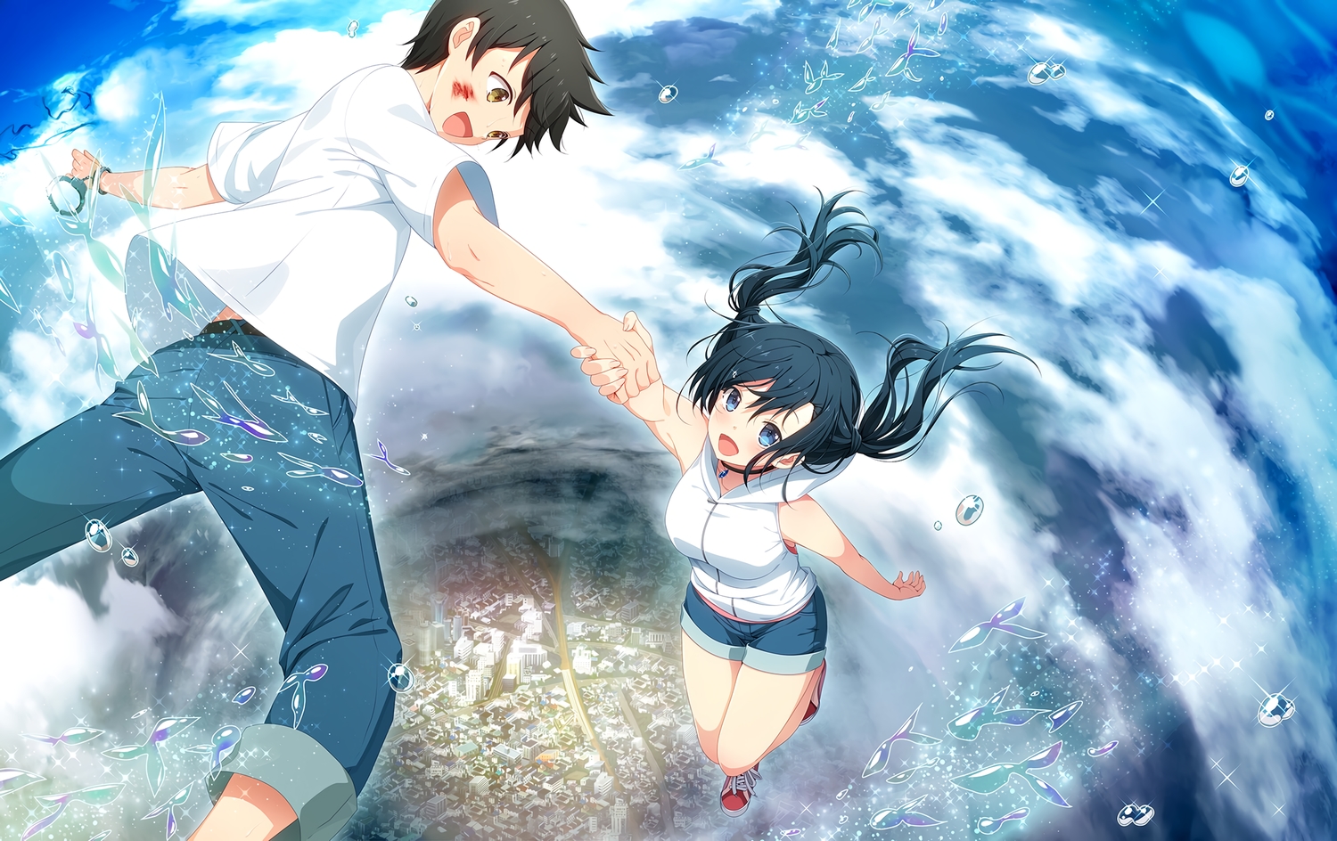 amano_hina, black_hair, blood, blue_eyes, building, choker, city, clouds, hood, long_hair, male, morisaki_hotaka, nagon, shackles, short_hair, shorts, sky, tenki_no_ko, twintails, water, wristwear, yellow_eyes