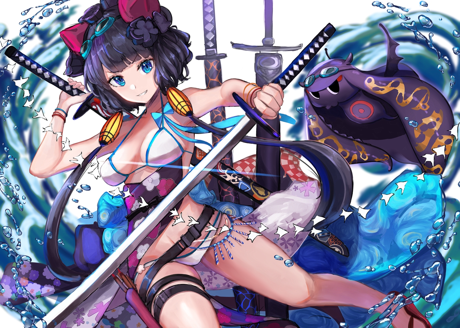 aqua_eyes, bikini, fate/grand_order, fate_(series), garter, goggles, gu_luco, katana, katsushika_hokusai, long_hair, purple_hair, swimsuit, sword, tokitarou_(fate/grand_order), twintails, water, weapon