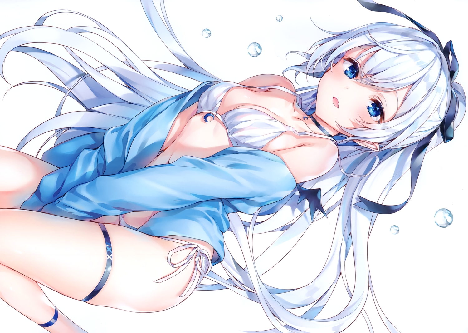 aqua_eyes, bikini, bow, breasts, choker, cleavage, fang, garter, komeshiro_kasu, long_hair, open_shirt, original, ponytail, ribbons, scan, swimsuit, white_hair