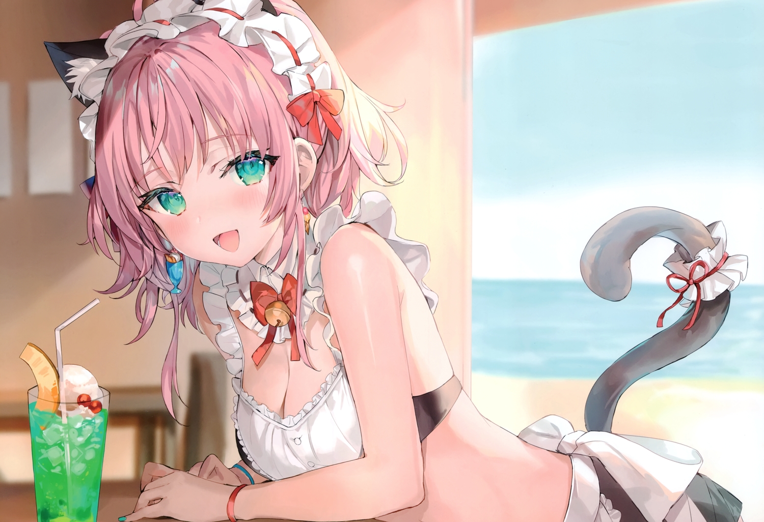 animal_ears, beach, bell, bikini, blush, bow, breasts, catgirl