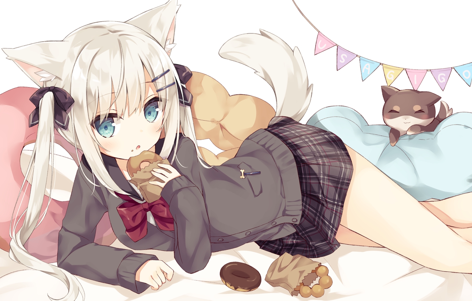 animal, animal_ears, bed, blue_eyes, bow, dog, doggirl, food