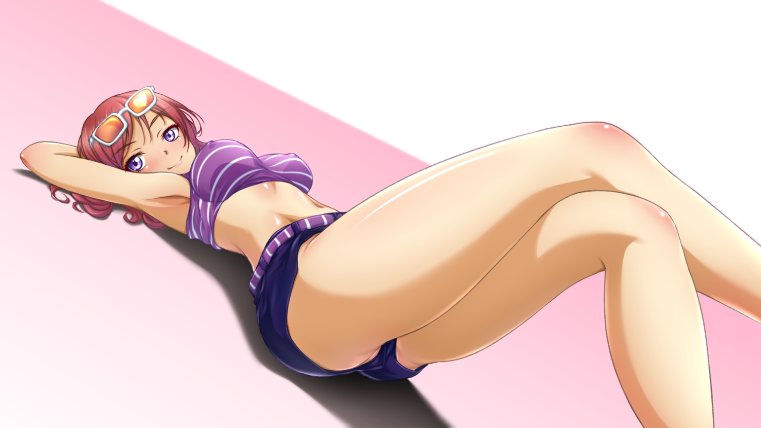 breasts, erect_nipples, love_live!_school_idol_project, navel, nishikino_maki, p-nekoe, purple_eyes, red_hair, shorts, sunglasses