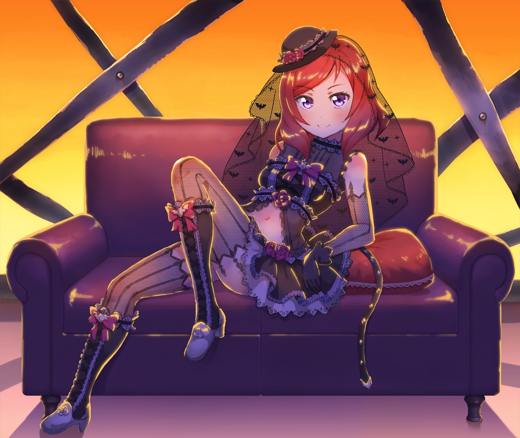 gloves, love_live!_school_idol_project, nishikino_maki, purple_eyes, red_hair, stockings, yanekawara
