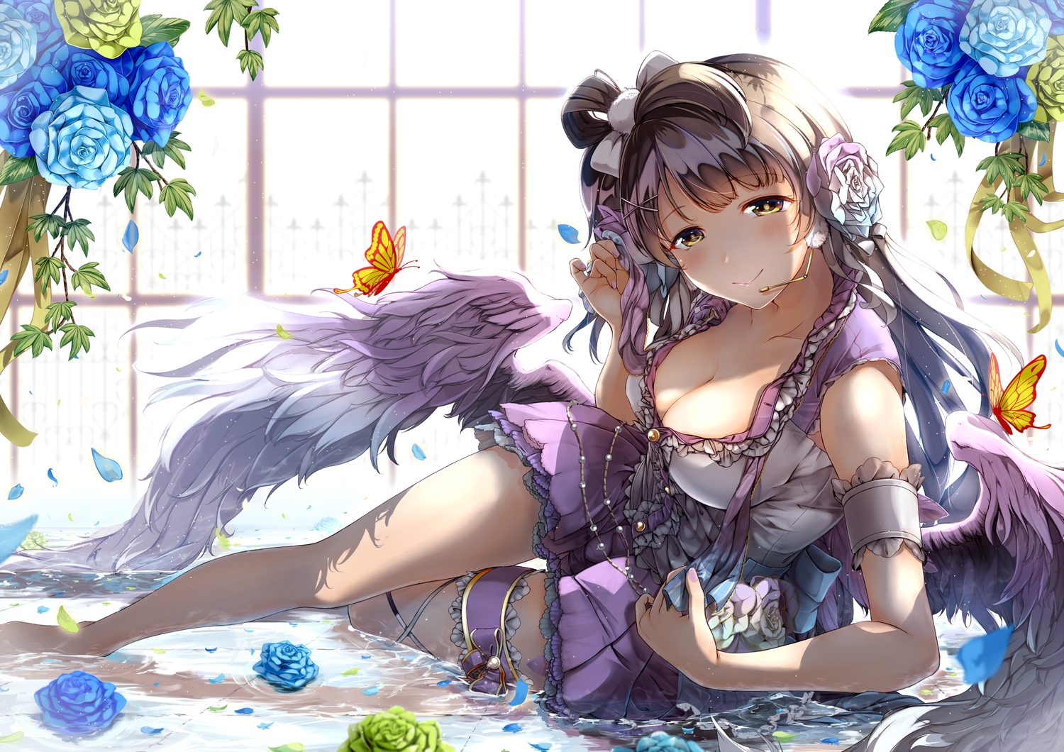 bow, breasts, brown_hair, butterfly, cleavage, flowers, garter, izuki_(toneya), long_hair, love_live!_school_idol_project, microphone, minami_kotori, ponytail, rose, wings, yellow_eyes