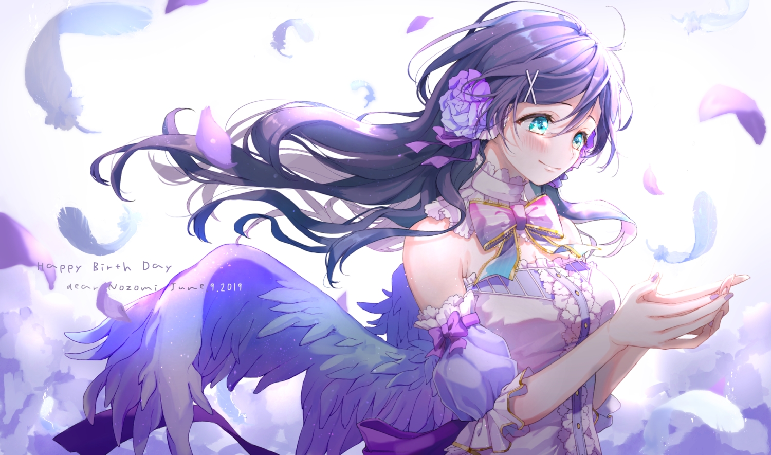 aqua_eyes, azuma_(no488888), bow, choker, feathers, long_hair, love_live!_school_idol_project, purple_hair, toujou_nozomi, wings