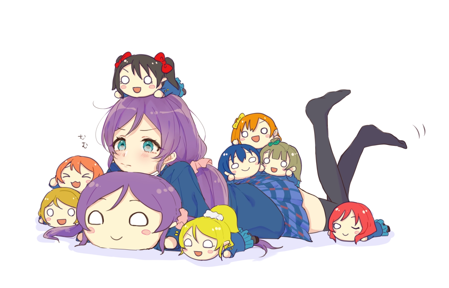 ayase_eri, azuma_(no488888), blue_eyes, blush, hoshizora_rin, kousaka_honoka, long_hair, love_live!_school_idol_project, minami_kotori, nishikino_maki, purple_hair, sonoda_umi, toujou_nozomi, white, yazawa_nico